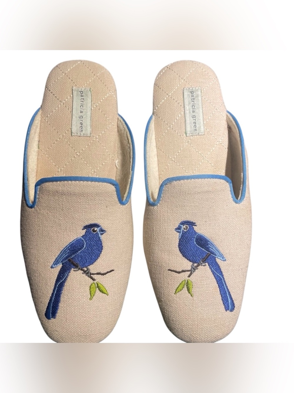 Patricia Green Beige Slippers with Blue Bird Embroidery *Rare * Vintage